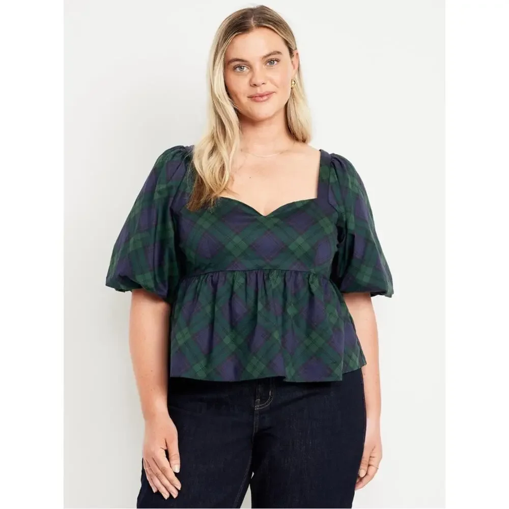 Old Navy green plaid Puff-Sleeve Plaid Poplin Peplum Top